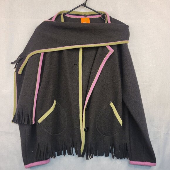 Hearts of Palm Womens Wool Cardigan Coat Detachable Scarf Fringe Trim Large - Picture 3 of 8